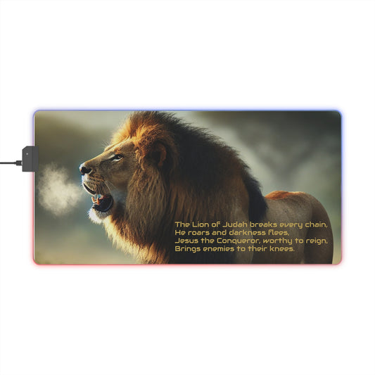 LED Gaming Mouse Pad — Roaring Lion Design with Inspirational ‘Lion of Judah’ Quote, RGB Desk Mat for Gamers