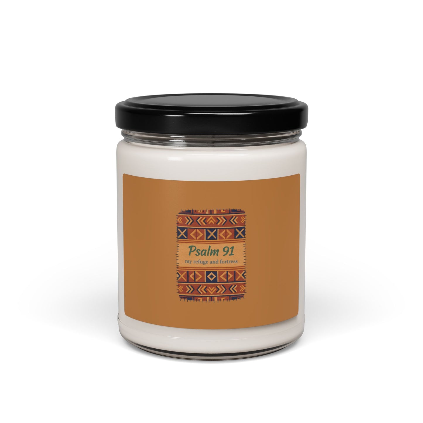 Mudcloth Psalm 91 Candle, Soy Jar, Afro-Bohemian Indigo & Earthy Tribal Pattern