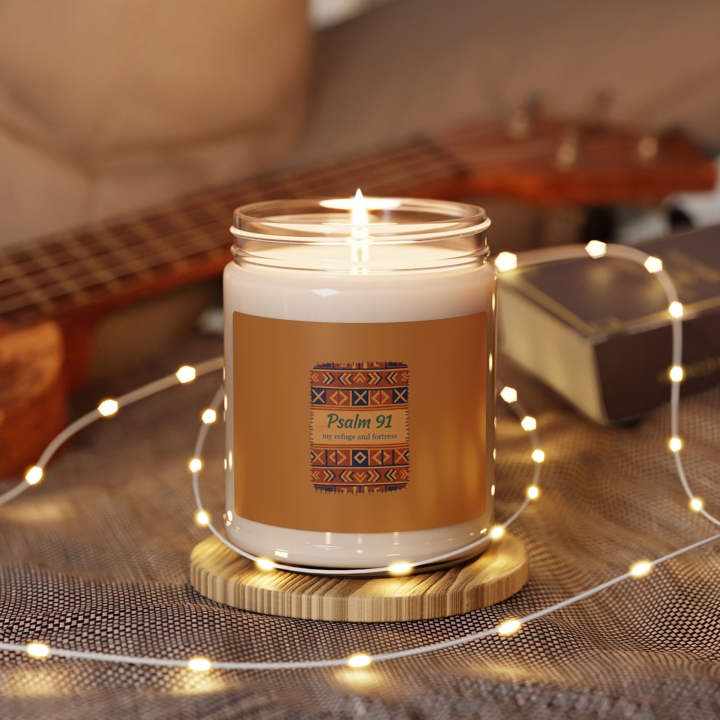 Mudcloth Psalm 91 Candle, Soy Jar, Afro-Bohemian Indigo & Earthy Tribal Pattern
