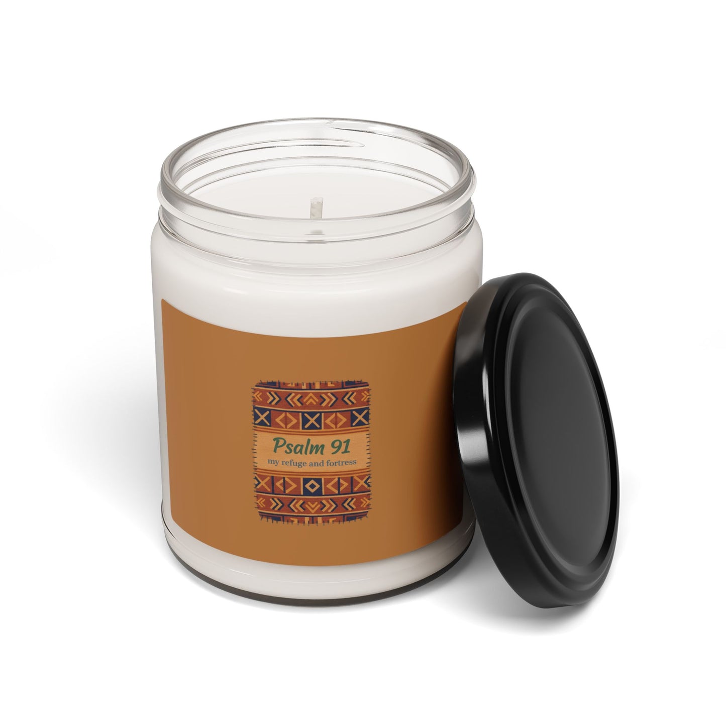 Mudcloth Psalm 91 Candle, Soy Jar, Afro-Bohemian Indigo & Earthy Tribal Pattern