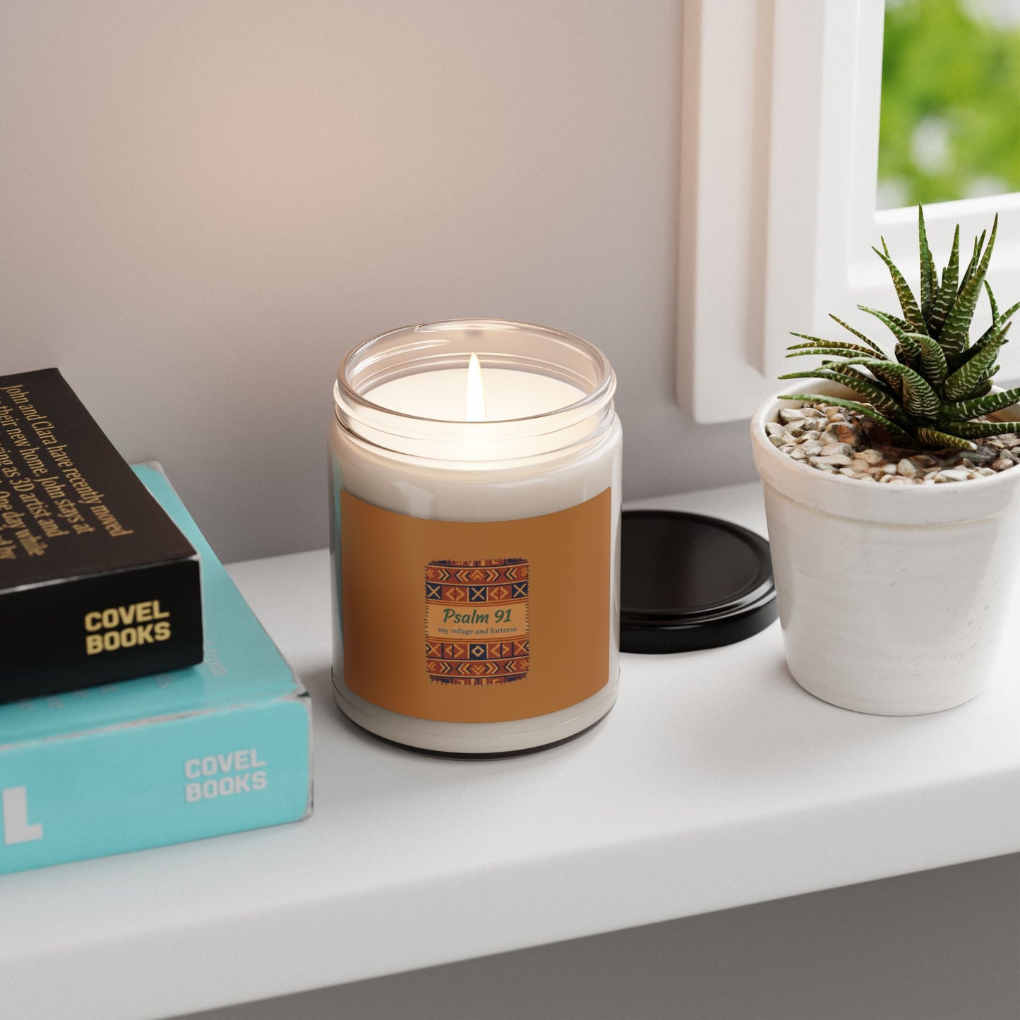 Mudcloth Psalm 91 Candle, Soy Jar, Afro-Bohemian Indigo & Earthy Tribal Pattern